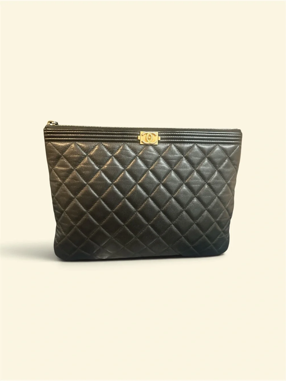 CHANEL Black Quilted Leather Boy-O Case Clutch with Gold CC Accent